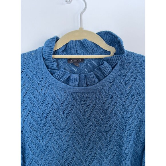 Talbot's Wool Blend Texture Stitch Ruffle Neck Pullover Teal Blue Sweater Size M - Picture 4 of 7